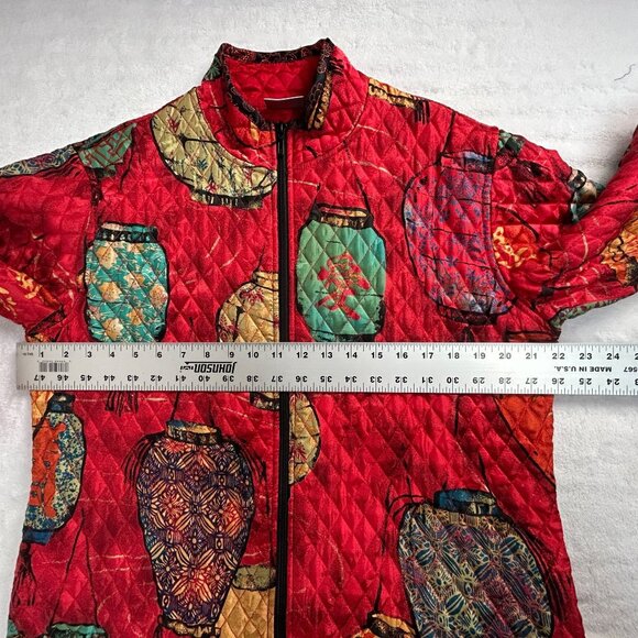 Chico's Womens Quilted Lantern Print Jacket Size 2 Red Silk Zip Up Lightweight - Picture 6 of 8